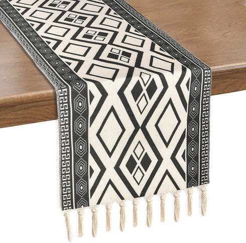 Boho Table Runners with Tassels Rustic Bohemian Woven Table Runner for Summer, Spring Holiday, Catering Events, Dinner Parties, Wedding, Indoor and Outdoor Parties, 14" x 70" (Black White, 14" x 108")