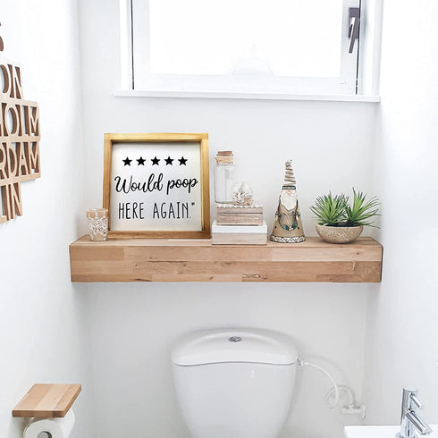 Five Stars Would Poop Here Again Sign - Funny Farmhouse Decor Sign, Cute Guest Bathroom Decor Wall Art, Rustic Home Decor, Modern Farmhouse Sign for Bathroom Wall with Funny Quotes 12*12 Inch