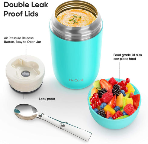 DaCool Insulated Lunch Container Hot Food Jar 24 oz Stainless Steel Vacuum Bento Lunch Box for Adult with Spoon Leak Proof Hot Food Insulated Container for Office Picnic Travel Outdoors, Cyan Blue