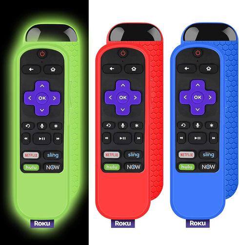 3 Pack TV Remote Case Compatible with TCL Roku TV Steaming Stick 3600R Remote Control, Silicone Case Shockproof Protective Remote Controller Skin Anti Slip Roku Remote Cover (Glow Green, Blue, Red)