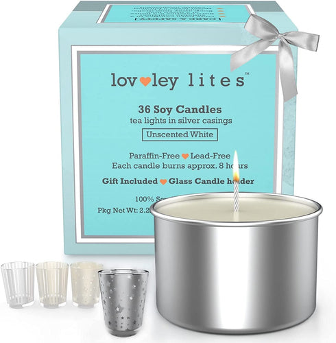 Lovley Lites Soy Tealight Candles Unscented - Box Set of 36 Premium Tealight Unscented Candles Long Burning + Tealight Candle Holder, 1 Inch Tall Soy Wax Tea Candles