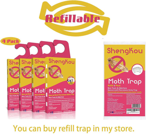 ShengKou Moth Traps for Clothes Moth | 4-Pack | Refillable | Safe and Odor-Free Natural Traps | Attractant Case-Making, Carpet, Webbing Moth, Wool Moth Closet Clothing Essentials Effective Guaranteed