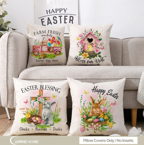 CARRIE HOME Easter Bunny Throw Pillow Covers 18x18 Set of 4 Pink Easter Decorative Throw Pillows Farmhouse Rabbit Eggs Carrot Happy Easter Decorations for The Home Couch and Outdoor Porch