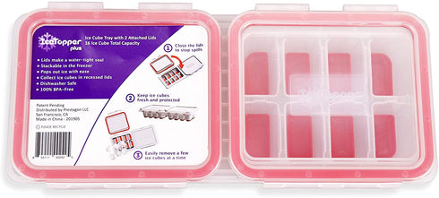 Ice Topper Plus Ice Cube Tray with 2 Attached Lids - Easy Release Ice Cube Molds, 16 Cubes per Tray, Stackable & Dishwasher Safe, 100% Food Grade Silicone, BPA Free & Recyclable