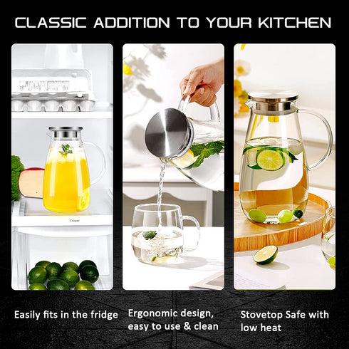 DYKL Glass Pitcher-Pitcher With lid 68 Ounces, 18/8 Stainless Steel Drip-Free Water Pitcher With Lid, Heat Resistant Borosilicate Glass Water Pitcher for Deposit, Juice Milk Cold or Hot Beverages.