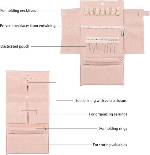 Becko Jewelry Organizer Roll Travel Jewel Bag case for Multiple Necklaces, Rings, Bracelets, Supple Leather & Suede, Large Capacity Without Crease, Lightweight, Portable & Practical (Gray)