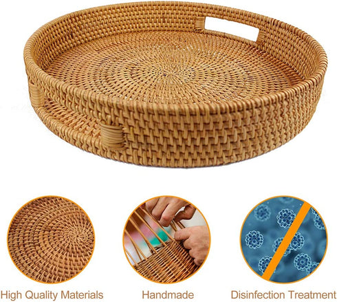 Rattan Coffee Table Handmade Round Serving Tray with Handles Woven Ottoman Trays for Coffee Table Living Room, Bed Breakfast, Tea, Fruit Bread Basket Tray, 11.8" x 2.4"