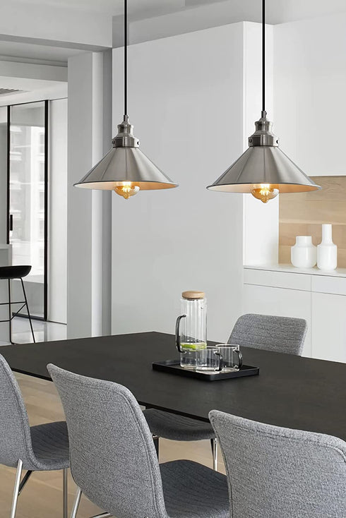 PoKat Industrial Metal Pendant Light, Modern Adjustable Hanging Light Fixtures, Nickel Farmhouse Style Ceiling Lamp for Kitchen Island Dinning Table Hallway Bedroom Indoor Entryway, E26 Base,2 Pack