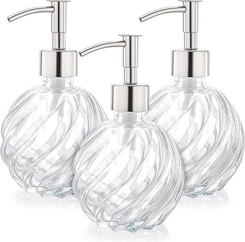 Yopay 3 Pack Glass Soap Dispenser, 304 Rust Proof Stainless Steel Soap Pump Bottle, Small Refillable Liquid Bathroom Hand Soap Dispenser for Bath Shampoo Shower Gel Toiletries, Travel Bottles, 9.5oz