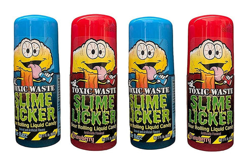 Slime Licker - 4-Pack of Sour Rolling Liquid Candy - 2 Red Strawberry and 2 Blue Razz Flavors - 2 ounces each Bottle - Toxic Waste - TikTok Challenge