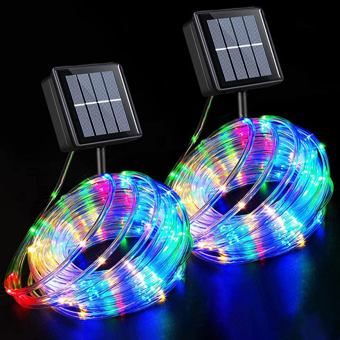 YEGUO Solar Rope Lights Outdoor Waterproof LED, 2 Pack Each 33ft 100 LED Rope Lights Outdoor, PVC Tube Multicolor Fairy String Trampoline Lights for Pool Balcony Tree Garden Yard Fence Party Walkway