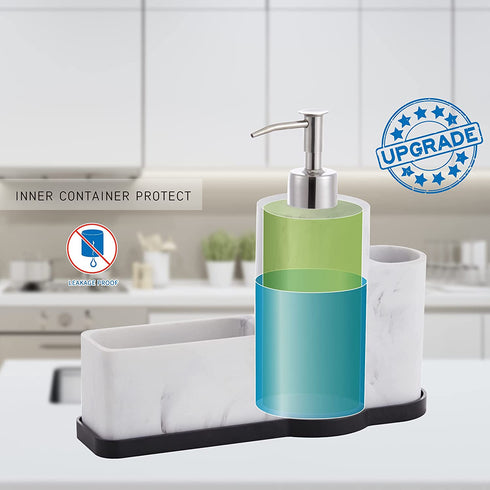 zccz Soap Dispenser with Sponge Holder and Brush Holder, Marble Pattern Kitchen Dish Soap Dispenser Pump Bottle Countertop Sink Caddy Bathroom Organizer Sponge Holder for Sink Storage and Organization