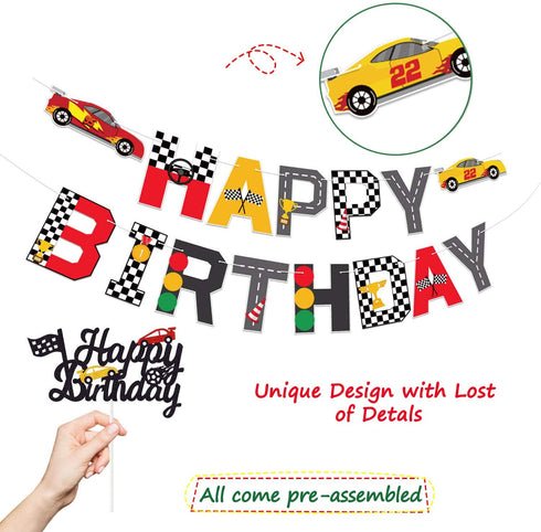 Race Car Birthday Banner and Cake Topper Racing Chequered Flag Hot Wheel Themed Birthday Party Supplies
