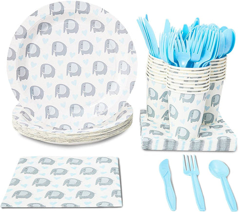 Elephant Baby Shower for Boys Theme Supplies, Birthday Party Decorations, Plates, Napkins, Cups & Cutlery (24 Guests,144 Pieces)