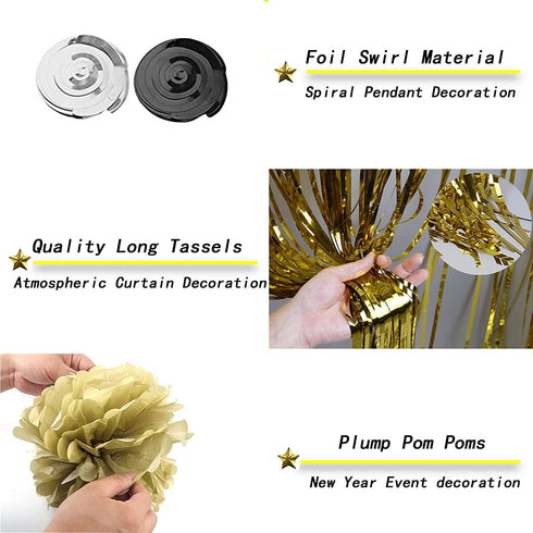 Graduation 2022 Party Supplies Black, Gold Happy Large Balloons Decorations Photo Backdrop and New Years Decor Accessories Kit Golden Fringe Curtain Glitter Banner with Pompoms Ornament Senior College