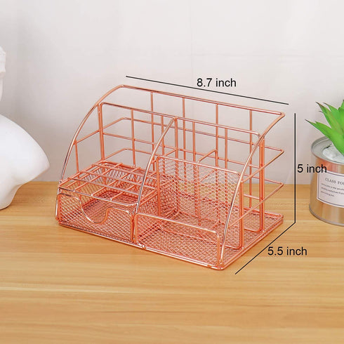 LEORISO Desk Organizer Supplies, Rose Gold Office Organizer with Mail Organizer, Pen Holder, Paper Organizer & Desk Drawer Organizer, Metal Multifunctional Desktop Organizer for Office, School & Home