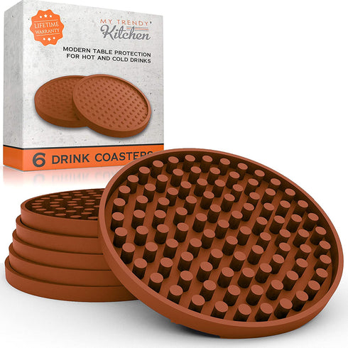 Large Drink Coasters - Absorbs Moisture and Prevents Table Damage, Modern Brown Rubber Coaster with Non-Slip Bottom for Drinking Glasses, 6 Pack