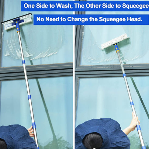 ITTAHO Rotated Window Cleaning Tool,Window Squeegee and Microfiber Scrubber with 53" Stainless Steel Pole,Long Handle Window Washing Equipment for Indoor Outside High Window-Two Pads