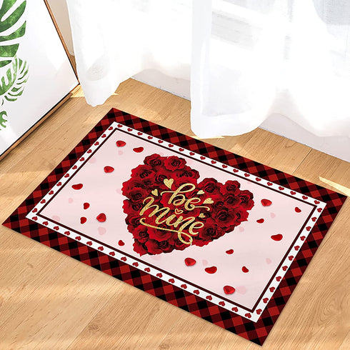 ALAGEO Valentine's Day Doormat Red Love Heart with Rose Flowers Entrance Mat Be Mine Farmhouse Buffalo Plaid Valentine Decorative Floor Mat Non Slip Washable Welcome Mats for Home Decor