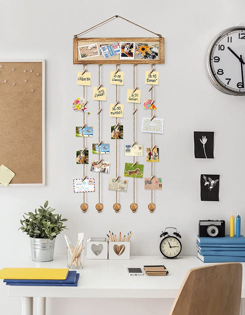 Bulletin Board Wall Decor Picture Frames Collage Hanging Photo Display Multi Pictures Organizer Wood Cork Board Photo Frame with 30 Clips and 6 Pushpins for Room Carbonized Black