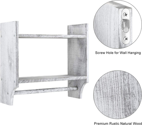 BTY Wood Towel Rack Bathroom Shelves with Towel Bar, Farmhouse Torched 2-Tier Wall Mounted Bathroom Rack Holder Hanging Storage Organizer with Shelf for Kitchen, Bathroom - Rustic Grey