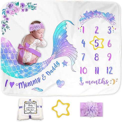 Bonsai Tree Milestone Blanket Baby Girl, Mermaid Baby Monthly Milestone Photo Blanket for Newborn, Thick Fleece Photography Prop for Baby, Includes 1 Frame + 1 Headband, 51?x40?