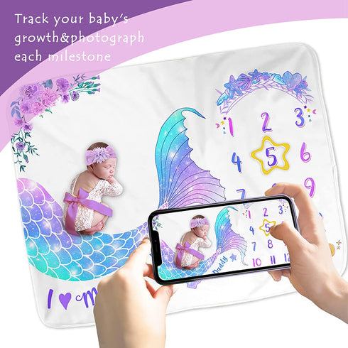 Bonsai Tree Milestone Blanket Baby Girl, Mermaid Baby Monthly Milestone Photo Blanket for Newborn, Thick Fleece Photography Prop for Baby, Includes 1 Frame + 1 Headband, 51?x40?