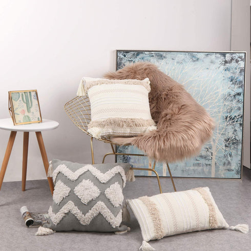 OJIA Boho Decorative Throw Pillow Cover, 20 x 20 Farmhouse Cute Pillowcase Minimalist Neutral Collection Cream White Tufted with Tassels Woven Square Cushion Cover for Sofa Couch Bedroom Living Room