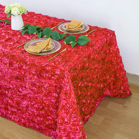 Red Flower Tablecloth 50 x 80 Inches Rosette Tablecloth 3D Floral Satin Rectangular Table Cloth Elegant for Wedding Birthday Party