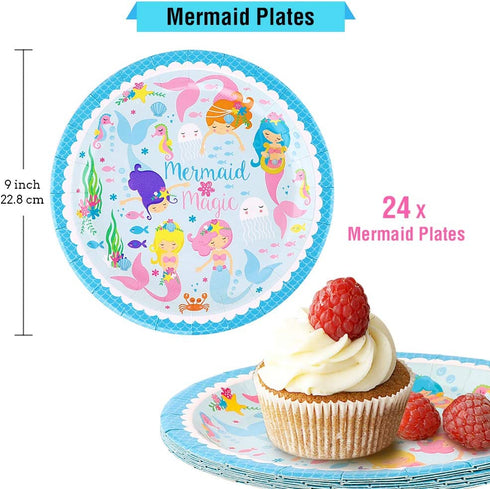 HAPYCITY 144 Pieces Mermaid Party Supplies Set Serves 24 Perfect Mermaid Birthday Packs Including Plates Napkins Cups Forks Spoons Knives