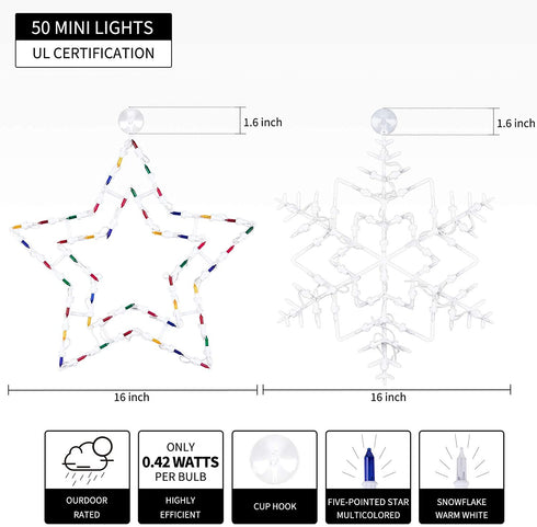 16 Inch Christmas Window Silhouette Lights Decorations Pack of 2 Lighted Snowflake and Star Christmas Window Lights with 100 Bulbs for Holiday Indoor Wall Door Glass Decorations