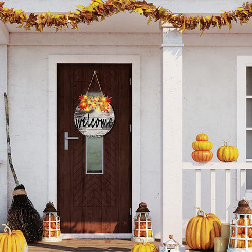 TURNMEON 10 LED Lighted Fall Welcome Sign Wreath for Front Door,Maple Leaves Wooden Hanging Sign Battery Operated Autumn Harvest Thanksgiving Fall Decoration Wall Porch Indoor Outdoor Home(Warm White)