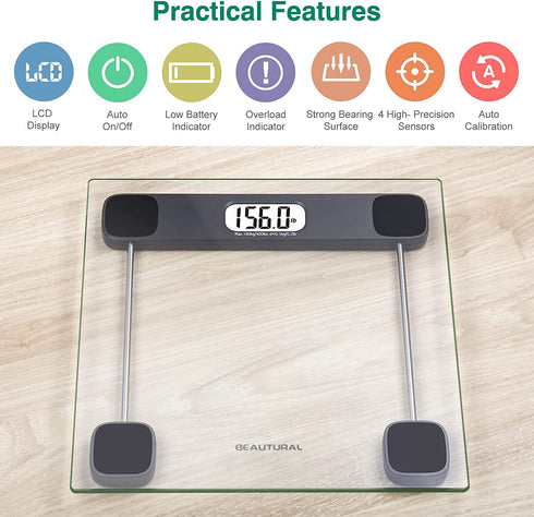 BEAUTURAL Digital Body Weight Bathroom Scale with Step-On Technology, Precision Weighing Scale,Large Backlight Display, Highly Accurate, Glass, 400 lbs, Batteries and Tape Measure Included