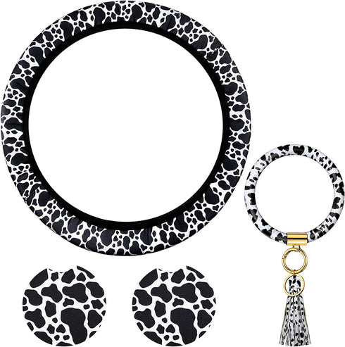 4 Pieces Cow Print Car Accessories Set, Cow Steering Wheel Cover, Cow Car Cup Mats and Cow Keyring Bracelet for Car, Truck, SUV