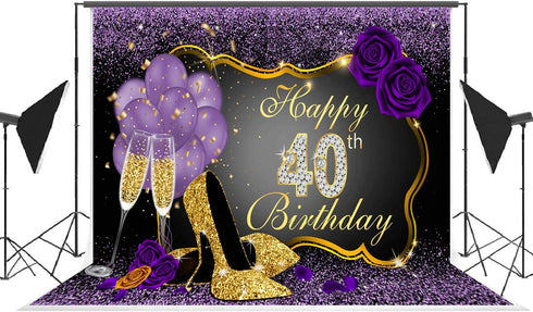 Happy 40th Birthday Backdrops Shining Purple Dots and Gold Frame Photography Background for Party Decorations Rose Floral Balloons Heels Champagne Glass Party Banner Supplies Photo Studio Props 7x5ft