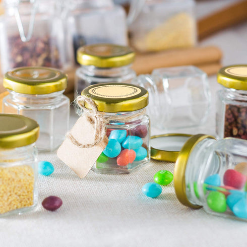 Encheng 1.5 oz Clear Hexagon Jars,Small Glass Jars With Lids(golden),Mason Jars For Herbs,Foods,Jams,Liquid,Mini Spice Jars For Storage 30 Pack €¦