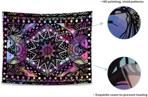 Fowocu Psychedelic Colorful Sun and Moon Tapestry Wall Hanging, Indie Hippie Mandala Cool Trippy Wall Tapestries, Purple Blacklight Tapestry for Bedroom Living Room Dorm (Multi Color, 60'' — 80'')