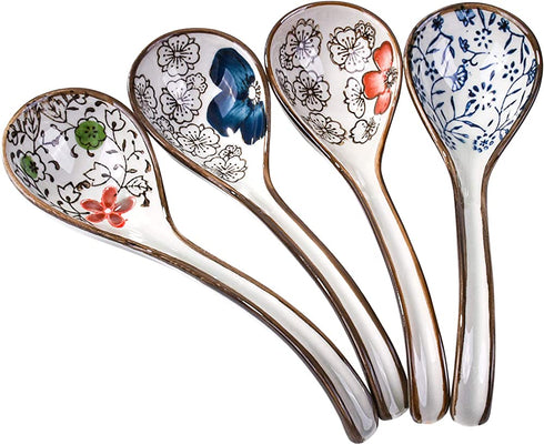 Japanese and Korean Soup Spoon set of 4, Long Curved Handle Asian Retro Chinese Ceramic Rice Spoons for Ramen Noodle(Different Color)