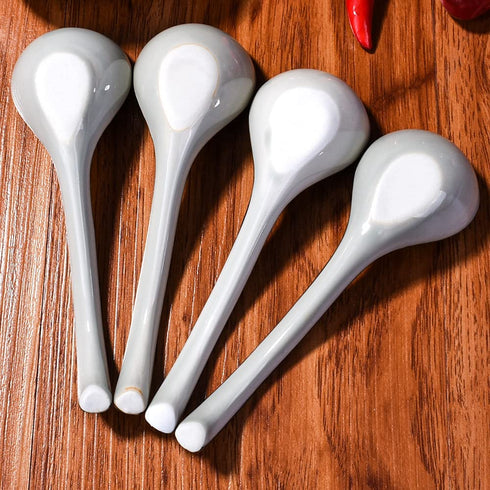 Japanese and Korean Soup Spoon set of 4, Long Curved Handle Asian Retro Chinese Ceramic Rice Spoons for Ramen Noodle(Different Color)