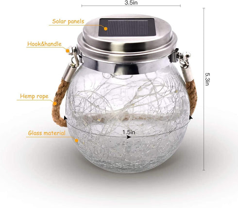 2 Packs Hanging Outdoor Solar Lanterns Decorative Lights 30 LED Waterproof Cracked Glass Jar Garden Lights for Court Yard Patio Pathway