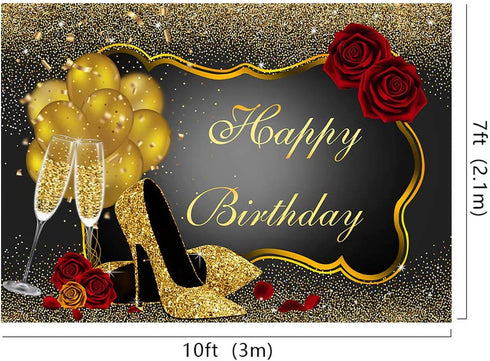 10x7ft Glitter Golden and Black Birthday Photography Backdrop Red Rose Floral Champagnes Glass Balloons Party Background for Adult Women Happy Birthday Party Decorations Photo Booth Props