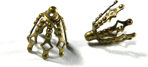 100 Big 12mm Plated Brass Bell Bead End Cap Charm Settings with Loop Ring & 7 Legs (Antique Bronze Plated)