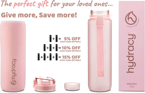 Hydracy Water Bottle with Time Marker - 500 ml 17 Oz BPA Free Water Bottle - Leak Proof & No Sweat Gym Bottle with Fruit Infuser Strainer - Ideal Gift for Fitness or Sports & Outdoors - Rose Gold