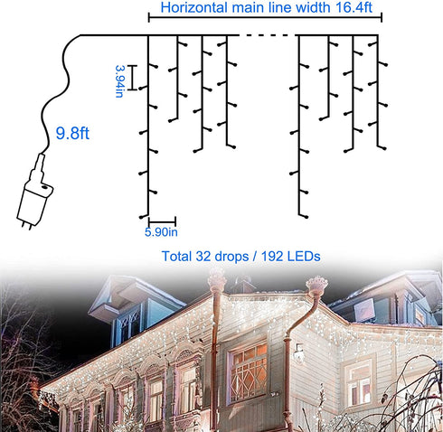 BRIGHTDECK Christmas Icicle Lights 192 LED 16.4 FT 8 Modes Waterproof Cool White Christmas String Lights for Holiday Home Patio Party Indoor Outdoor Xmas Decorations