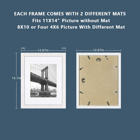 Hap Tim 11x14 Picture Frame Set of 2,Each White Wood Pattern Frame with 2 Mats,Display 8x10 or Four 4x6 Photos with Mat ,11x14 Picture Without Mat for Wall Display