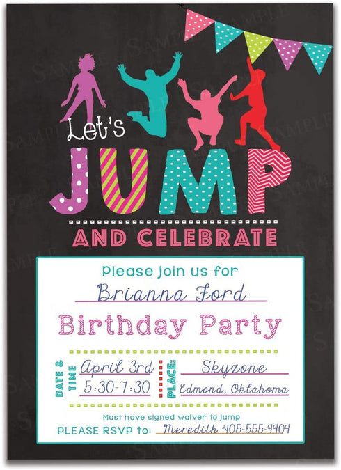 Set of 25 Jumping Kids Birthday Party invitations for Trampoline park Gravitopia, jump zone big air party with envelopes.