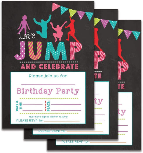 Set of 25 Jumping Kids Birthday Party invitations for Trampoline park Gravitopia, jump zone big air party with envelopes.
