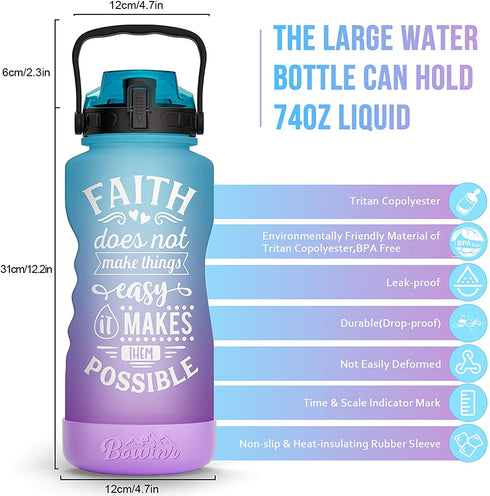 BOWINR Faith Does Not Make Things Easy It Makes Them Possible Half Gallon Water Bottle with Straw Time Marker 72 Oz BPA Free Large Leakproof Motivational Jug for Sports Fitness Outdoor Adult and Teen