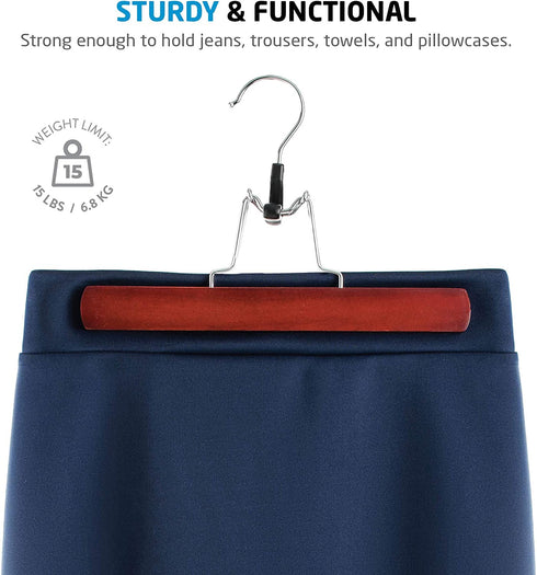 High-Grade Wooden Pants Hangers with Clips 10 Pack Non Slip Skirt Hangers, Smooth Finish Solid Wood Jeans/Slack Hanger with 360° Swivel Hook - Pants Clip Hangers for Skirts, Slacks - Clamp Hangers