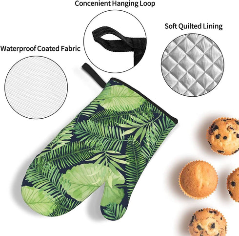 Tropical Palm Leaf Oven Mitts and Pot Holders 4pcs Set, 500„‰ Heat Resistant Oven Mitts Gloves 3D Printed Cooking Gloves for Kitchen, Cooking, Baking, BBQ Green